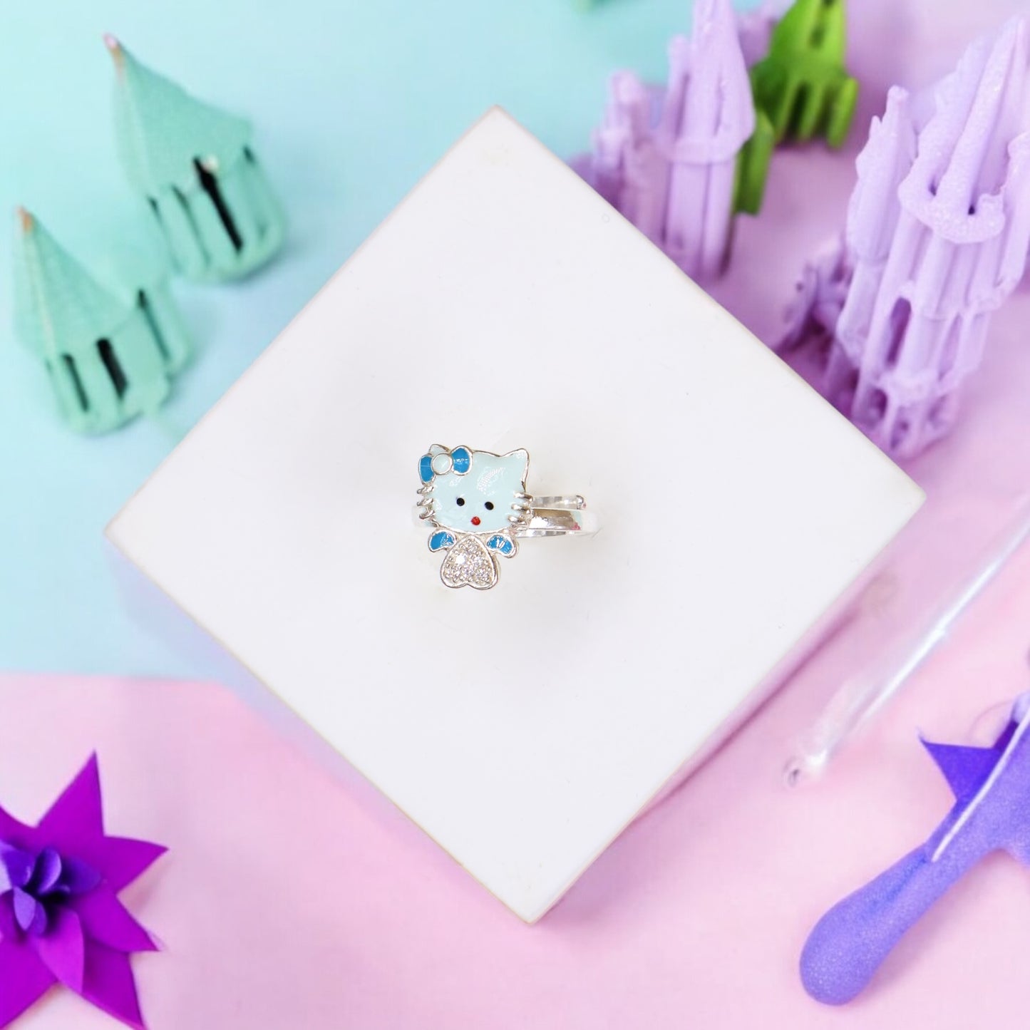 Blue Bow Kitty Ring
